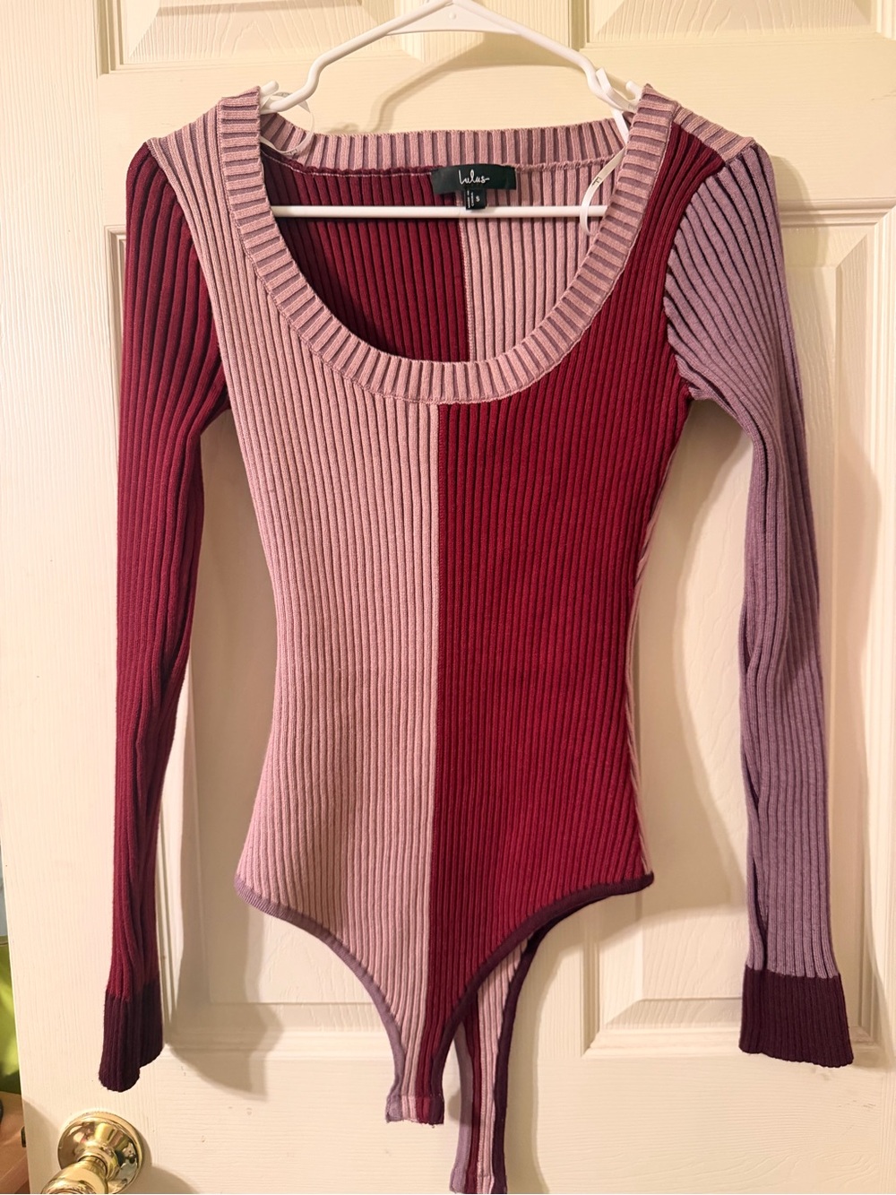 Lulus Burgundy Pink Colorblock Ribbed Long Sleeve Bodysuit Size S